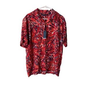 PERRY ELLIS Men's Firework Print Camp Collar Soft Short Sleeve Button-down Shirt
